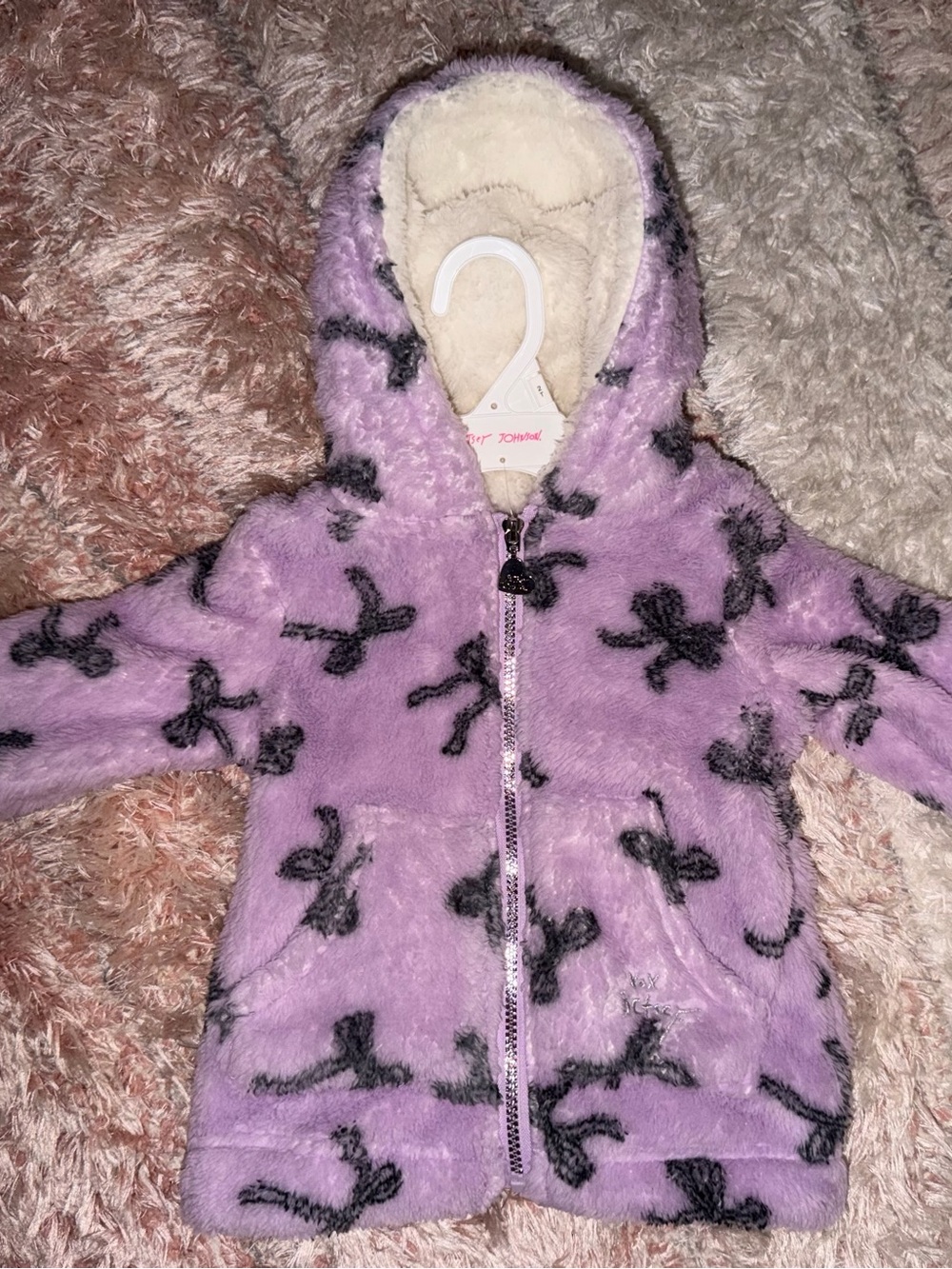 Betsey Johnson Lavender Plush Hooded Zip Jacket with Black Bow Motif